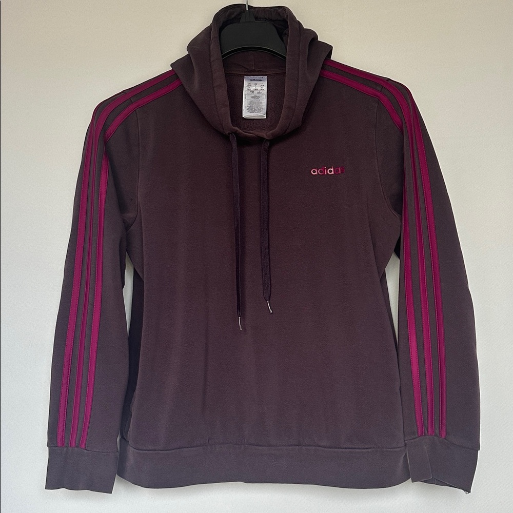 Adidas 3-Stripes Pullover Hoodie Deep Plum with Fuchsia Stripes Size Large